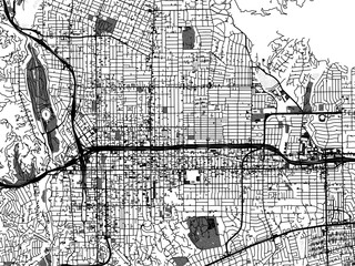Greyscale vector city map of  Pasadena California in the United States of America with with water, fields and parks, and roads on a white background.
