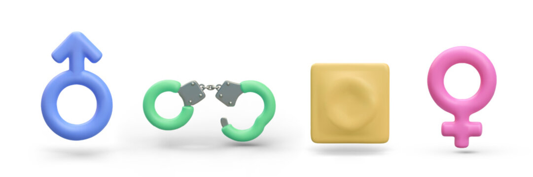 Safe sex. 3D male and female gender symbols, condom, soft handcuffs. Illustrations in cartoon style. Set of icons for sex shop. Time to play. Image on white background
