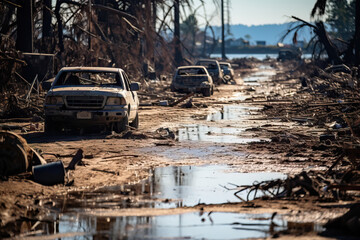 The consequences of the flood. Destroyed cars and streets