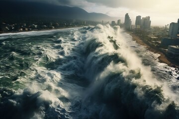 Huge tsunami wave close to the city