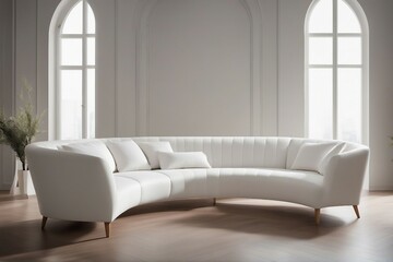 Curved white sofa in room with arch. Minimalist home interior design of modern living room.