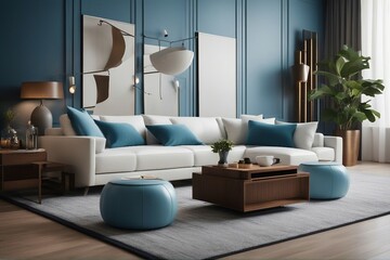 Mid-century style home interior design of modern living room. White sofa and blue leather chairs