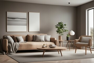Round wooden coffee table near sofa and armchair against window and wall with blank mockup poster