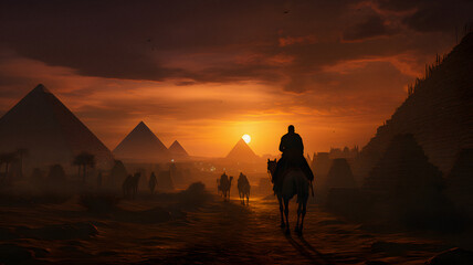 araffes riding on a horse in front of a pyramids at sunset Generative AI - obrazy, fototapety, plakaty