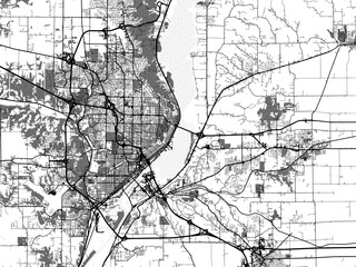 Greyscale vector city map of  Peoria Illinois in the United States of America with with water, fields and parks, and roads on a white background.