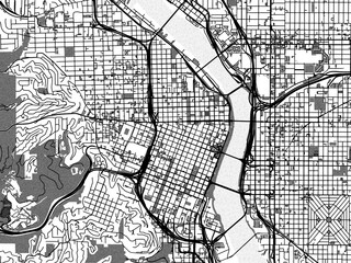 Greyscale vector city map of  Portland Center Oregon in the United States of America with with water, fields and parks, and roads on a white background.