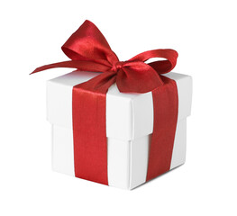 Present box isolated in transparent PNG, gift box with red ribbon and bow decoration - isolated design element