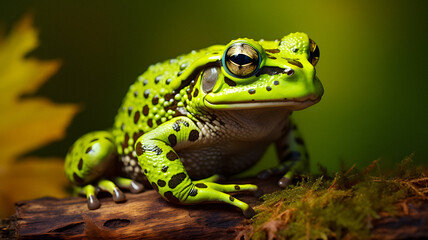 Naklejka premium frog that is sitting on a log with a flower Generative AI