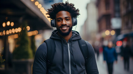 smiling man with headphones on walking down a city street Generative AI - obrazy, fototapety, plakaty