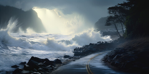 A dramatic and intense stormy ocean, waves crashing against the shore, road