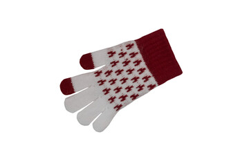 knitted glove white with red isolated,one glove for a child, a glove on a white background