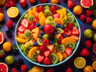 Naklejka na ściany i meble fruit salad in a bowl and fruits, Orange, Grape, Strawberry and other