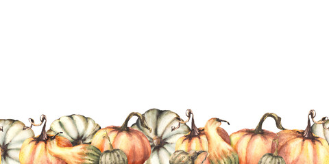 Vegetable seamless pumpkins colorful border, pattern. Isolated white background. Watercolor autumn . Hand drawing fall repeating design for thanksgiving cards, halloween wrapping, prints - obrazy, fototapety, plakaty