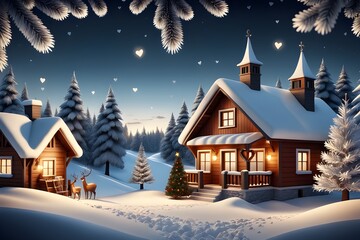 Fototapeta premium Santa's village. Christmas village. Winter Snow Scene Cold and Serene. A Gorgeous Snowed in Christmas Village Scene. Generative AI