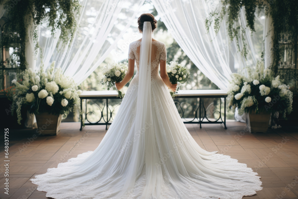 Wall mural elegant bride before wedding arch in summer