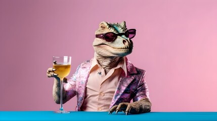 Happy Dinosaur enjoying and having a cocktail at party, Isolated background, Creative Concept, Copy Space - obrazy, fototapety, plakaty