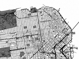 Greyscale vector city map of  San Francisco Center California in the United States of America with with water, fields and parks, and roads on a white background.