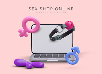 Sex shop online. Open laptop, toys for adults. Male and female gender symbols. Anonymous purchase. Courier delivery. Color advertising concept with text