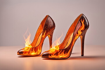 Hot High Heels brennen lichterloh. Schuhe in Flammen.