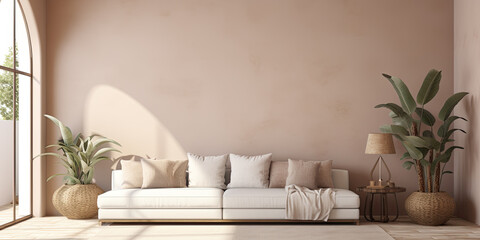 Fototapeta na wymiar Beige sofa with terra cotta pillows against arched window near stucco wall with copy space.