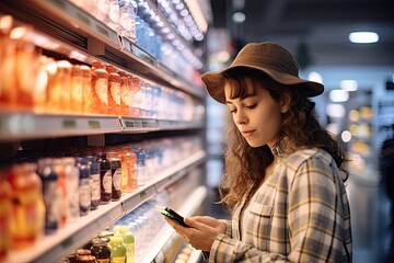 A young woman buys groceries in a supermarket and carefully selects fresh and healthy products using a smartphone.