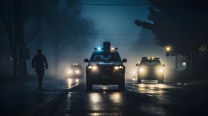 Poster cars driving down a street at night with police lights on Generative AI © Bipul
