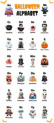 Thematic poster, Alphabet for Halloween with characters in Cartoon style for children's learning.