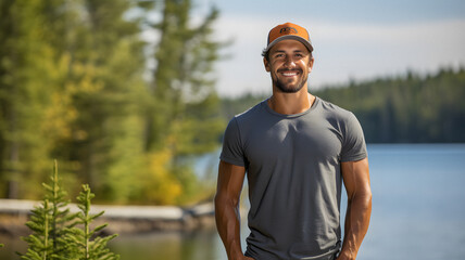 smiling man in grey shirt and orange hat standing by a lake Generative AI
