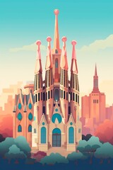 Barcelona retro travel Poster with Gaudi Sacred Family 