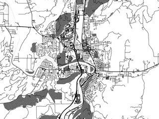 Greyscale vector city map of  Roseburg Oregon in the United States of America with with water, fields and parks, and roads on a white background.