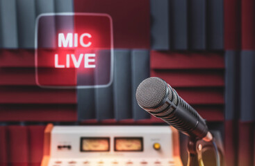 Professional microphone and sound mixer in radio station studio