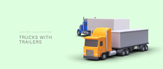Trucks with trailers. Horizontal banner with 3D illustration and text. Advertisement of cargo transportation services. Unbranded body, mockup. Place for logo. Vector concept