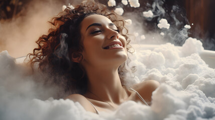 Naklejka premium woman in a bathtub with steam coming out of her head Generative AI