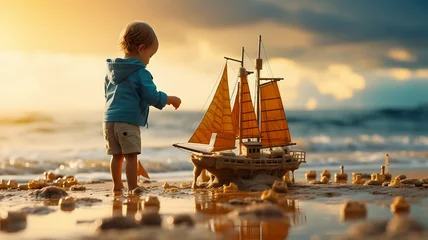 Foto op Plexiglas small child standing on the beach with a toy boat Generative AI © Bipul