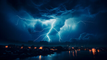 lightning strikes over a city at night with a river in the foreground Generative AI
