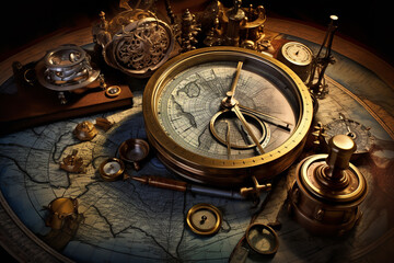 A collection of historical geographical instruments like sextants and astrolabes, scattered alongside timeworn nautical maps hinting at oceanic explorations