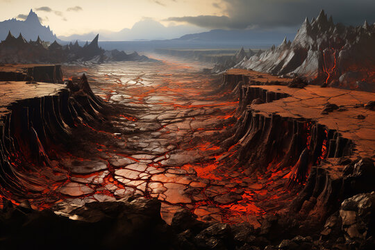 A captivating panoramic shot revealing the Earth's tectonic plate boundaries, with visible signs of volcanic activity and natural transformations