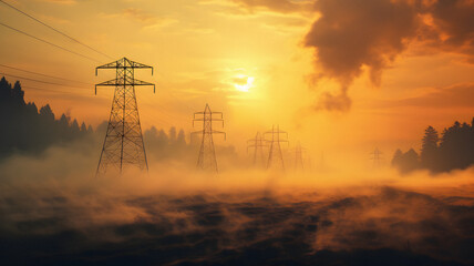 Fototapeta na wymiar arafed power lines in the fog with a sunset in the background Generative AI