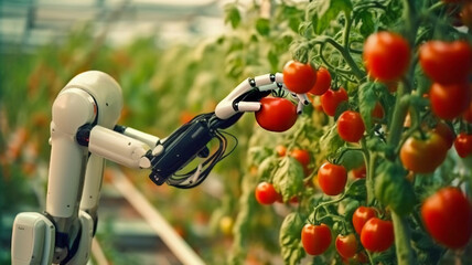 Modern smart greenhouse. Ai-driven robotics arm harvesting ripe tomatoes. Concept of agricultural innovation, autonomous agriculture robots, efficient working machinery, crop quality control - obrazy, fototapety, plakaty
