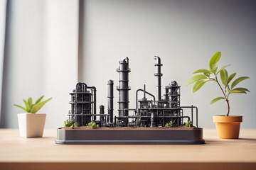 Illustration einer Miniatur bzw. Modell einer Industrieanlage auf einem Tisch stehend.