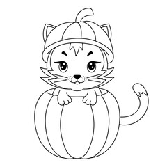 A cat in the pumpkin coloring book. Coloring page. Black and white vector illustration. Happy Halloween