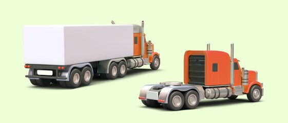 Large realistic truck with and without semitrailer. Loaded tractor, rear view. Unbranded car body, mockup. Transport service. Set of illustrations for web design