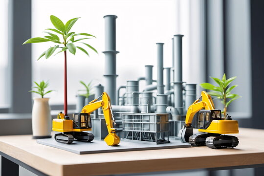 Illustration einer Miniatur bzw. Modell einer Industrieanlage auf einem Tisch stehend.