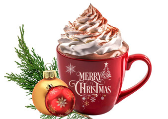Mug with hot chocolate and whipped cream with the words Merry Christmas, Christmas decorations, isolated on a transparent background. Generative AI.