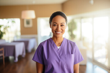 Young hispanic nurse , wearing light purple medical scrubs