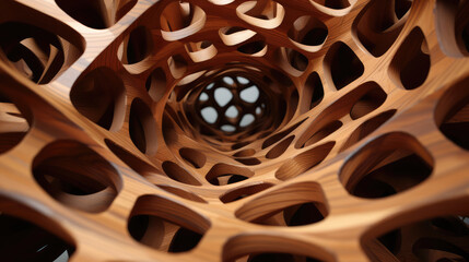 Three-dimensional structure made of wood. Numerous tunnels, holes and connections.