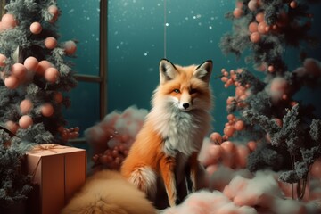 Wild fox animal sitting and waiting for new year, surrounded with christmas presents and green trees.