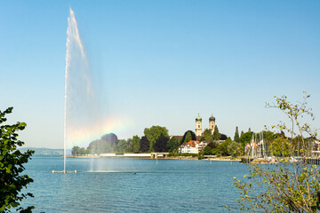 Water fountain at the waterfront in Friedrichshafen at Lake Constance in Southern Germany