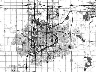 Greyscale vector city map of  Sioux Falls South Dakota in the United States of America with with water, fields and parks, and roads on a white background.