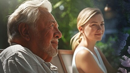 Smiling elderly man and blonde young woman sitting in a park on a sunny day